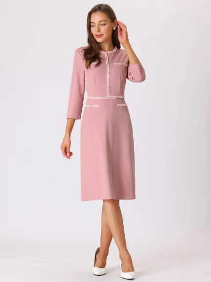 Hobemty- A-Line Contrast Color Tweed Trim Dress