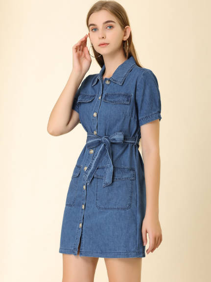 Allegra K- Belted Jean Denim ShirtDress