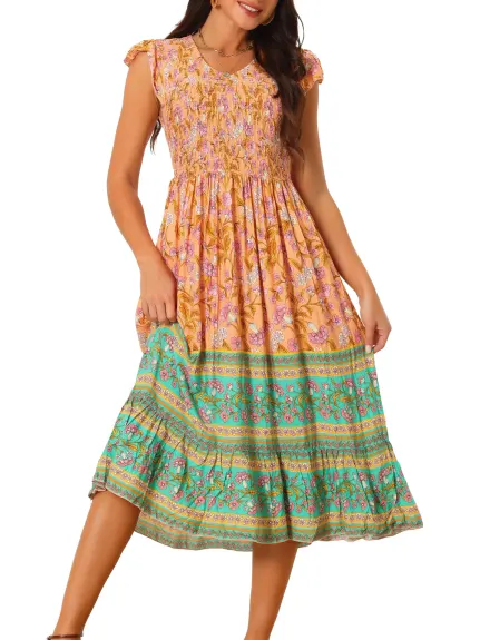 Allegra K - V Neck Floral Smock Tiered Dress