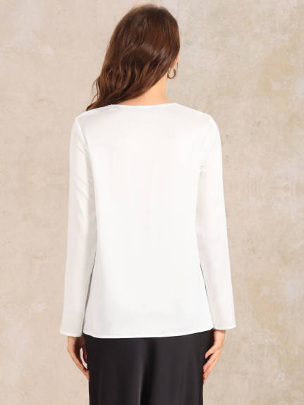 Allegra K - Solid Square Neck Loose Satin Blouse