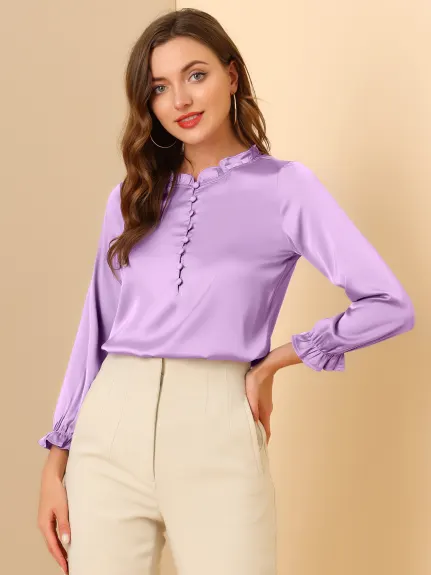 Allegra K- Ruffle Neck Bubble Sleeve Elastic Cuff Blouse