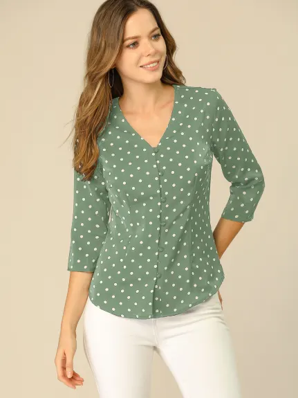 Allegra K- Polka Dots 3/4 Sleeve Button Front Blouse