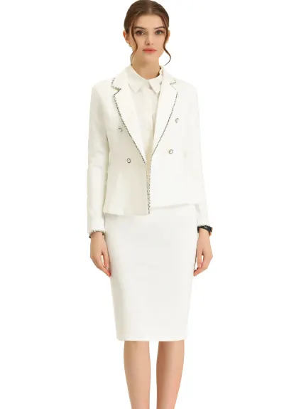 Allegra K- 2 Pieces Suit Tweed Trim Blazer Jacket and Skirt Set