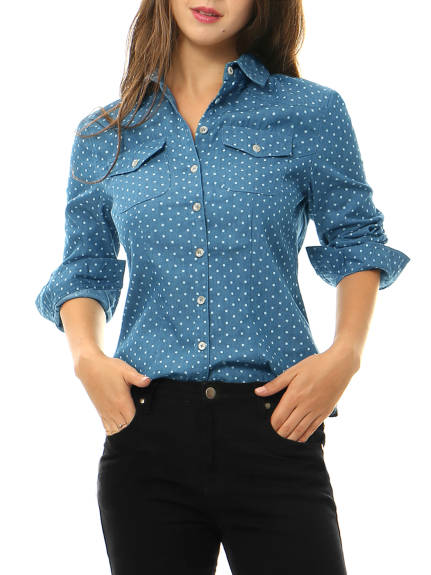 Allegra K- Denim Poplin Point Collar Shirt