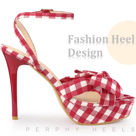 Allegra K- Bow Platform Stiletto Heels Plaid Sandals