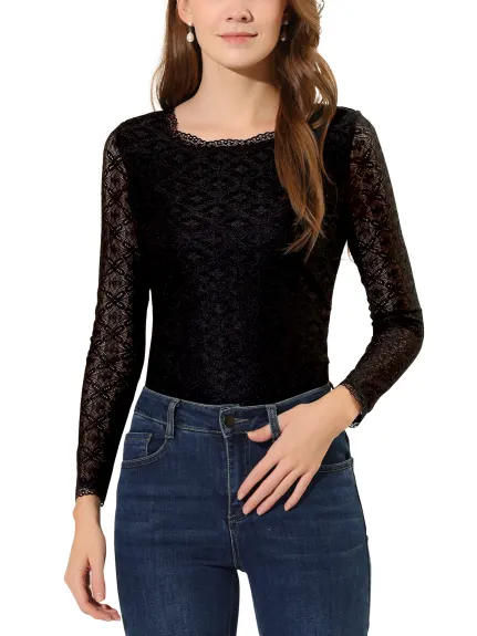 Allegra K- Blouse en dentelle brodée à manches longues et col rond