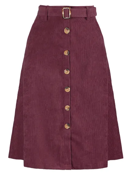 Allegra K - Button Front A-Line Belted Corduroy Skirt