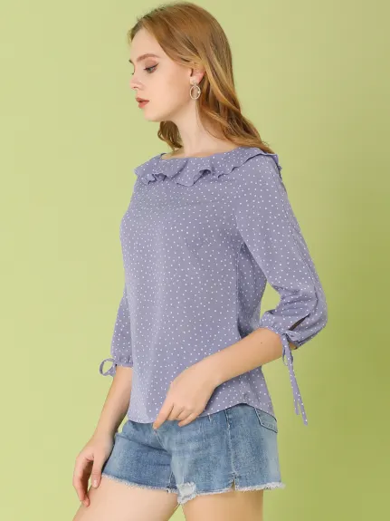 Allegra K- Ruffled Neck Half Sleeve Sheer Polka Dots Blouse