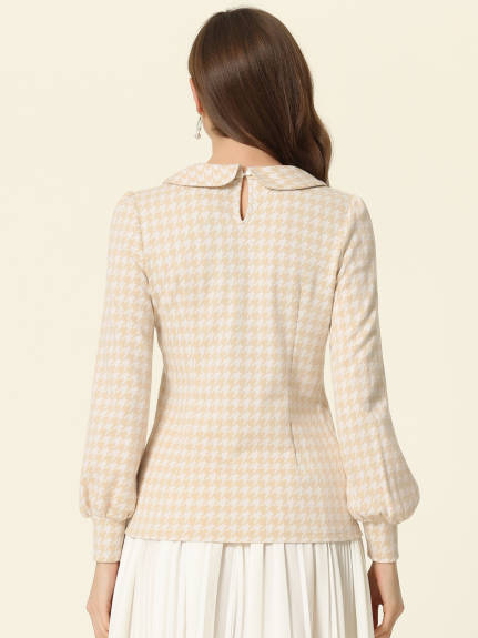 Allegra K- Houndstooth Plaid Button Back Blouse