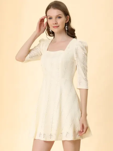 Allegra K- Square Neck Lace Puff Sleeve Dress