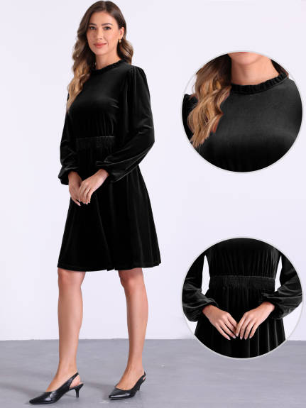 Allegra K - Velvet Smocked Waistline Long Sleeve Dress