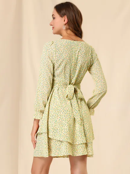 Allegra K- Robe à volants florale à manches longues bouffantes pour femmes