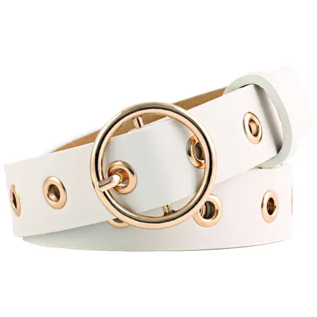 Allegra K- Studded Grommet Circle Metal Buckle Leather Belt