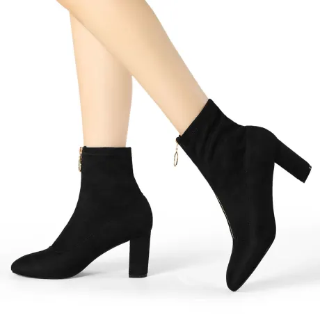 Allegra K - Faux Suede Square Toe Block Heel Ankle Boot