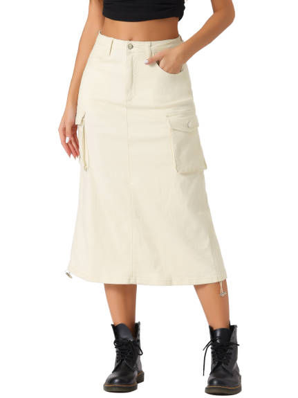 Allegra K- Flap Pocket Back Slit Drawstring Midi Cargo Skirt