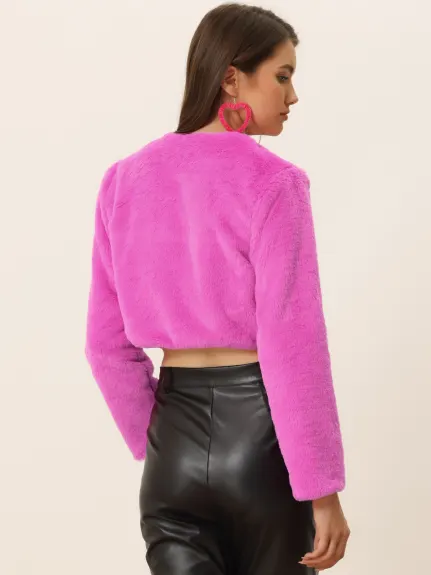 Allegra K - CollarlessOpen Front Faux Fur Shrug Cropped Coat