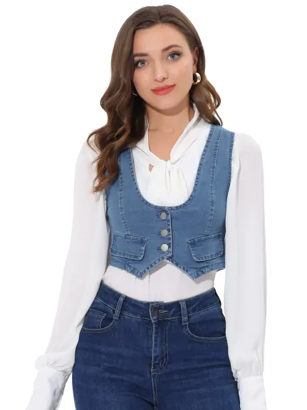 Allegra K- Gilet en jean boutonné à encolure dégagée