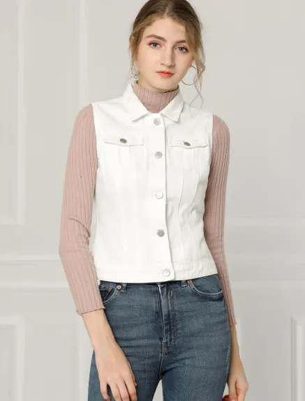 Allegra K- Gilet boutonné en denim délavé avec poches à rabat