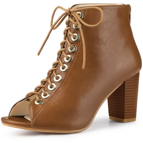 Allegra K - Peep Toe Lace Up Chunky Heeled Booties