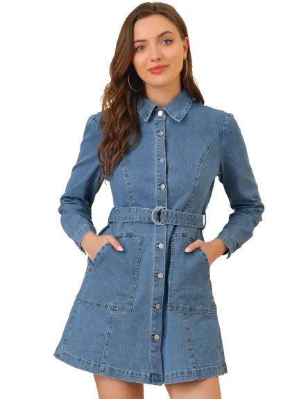 Allegra K- Long Sleeves Belted Denim Shirt Dress