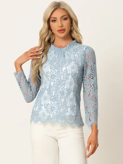 Allegra K- Ruffle Round Neck Long Sleeve Lace Floral Blouse