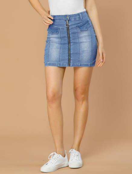 Allegra K- Zip Slim High Waist Jean Denim Skirt