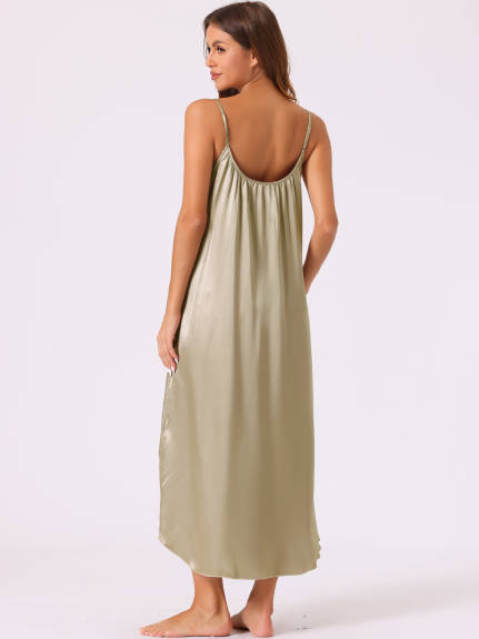 Cheibear - Satin V-Neck Sleeveless Long Nightgown