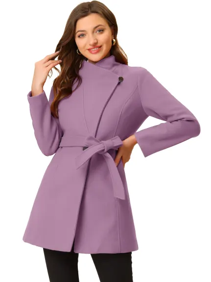 Allegra K- Classic Stand Collar Belted Long Coat