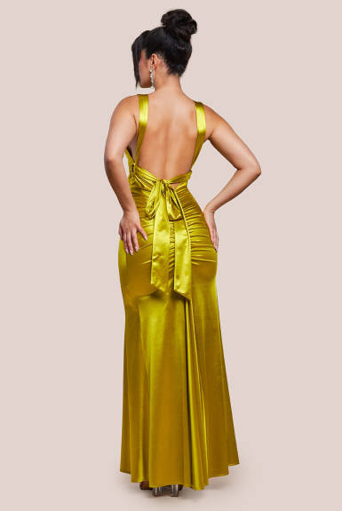 Goddiva - Multi Tied Satin Gathered Ring Maxi Dress