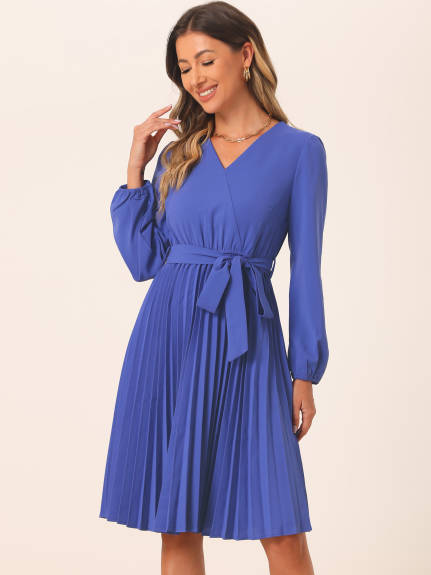 Allegra K - V Neck Puff Long Sleeve Pleated Dress