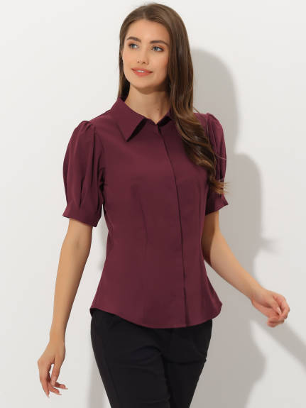 Allegra K- Puff Sleeve Collared Cotton Shirt