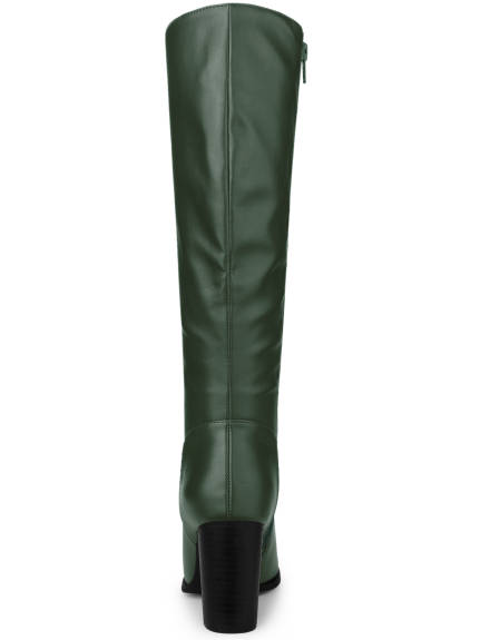 Allegra K- Round Toe Block Heel Faux Leather Knee Boots