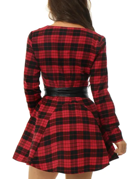 Allegra K- Plaid Long Sleeve Belted A-Line Shirt Dress