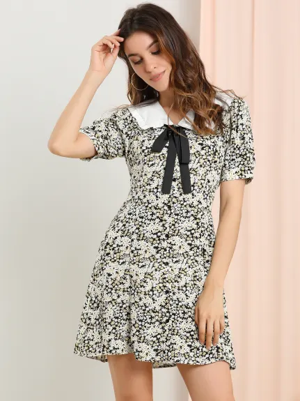 Allegra K- Floral Bow Tie Short Sleeve Shirt Dress