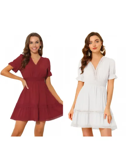 Allegra K- Mini robe bohème à col en V et taille élastique smockée à manches courtes