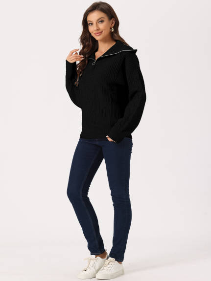 Allegra K - Long Sleeve V-Neck Zip Pullover Sweater