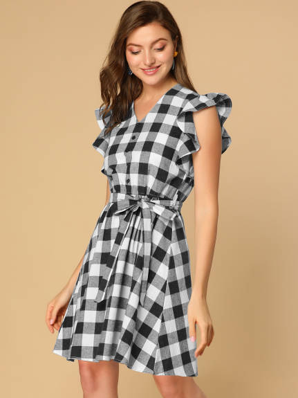 Allegra K- Ruffled Sleeve Belted A-Line Plaids Dress