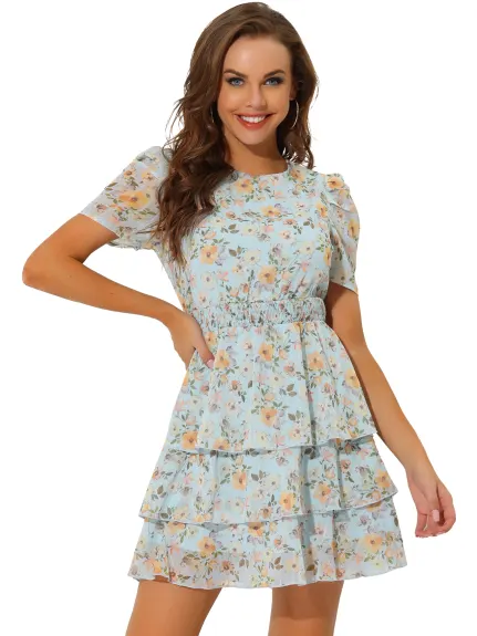 Allegra K- Layered Floral Chiffon Shirred Summer Mini Dress