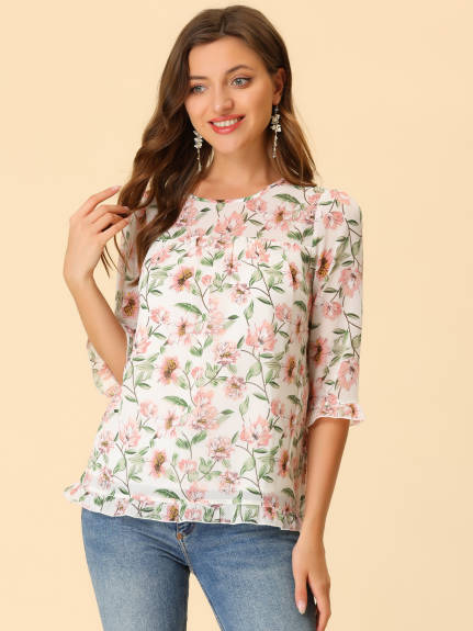 Allegra K- Floral Ruffled 3/4 Sleeve Chiffon Blouse