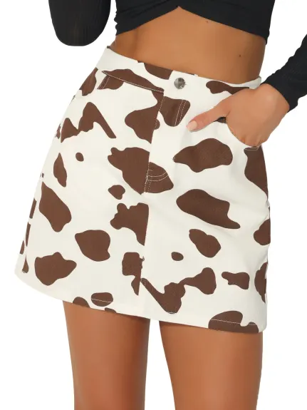 Allegra K- Cow Print High Waist Mini Skirt