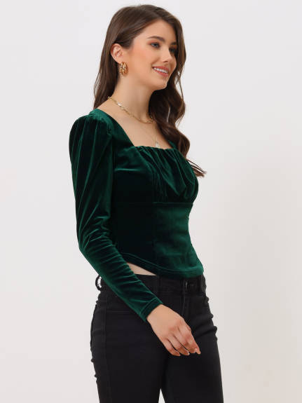 Allegra K- Velvet Long Sleeve Square Neck Cropped Blouse