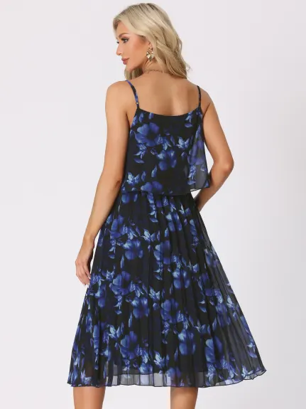 Allegra K- Floral Pleated Ruffle Strap Dress