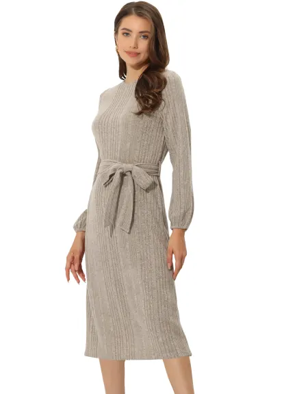 Allegra K- Crew Neck Ribbed Knit Tie Waist Fall Sweater Midi Dress