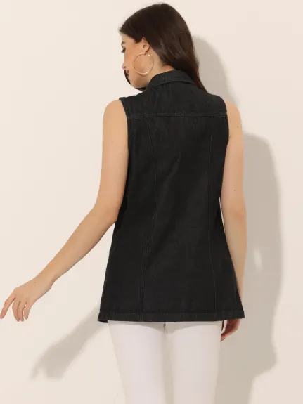 Allegra K- Denim Sleeveless Button Down Long Jean Vest