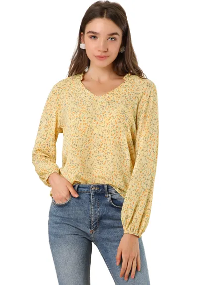 Allegra K - Blouse florale à petites fleurs et manches longues à col volanté