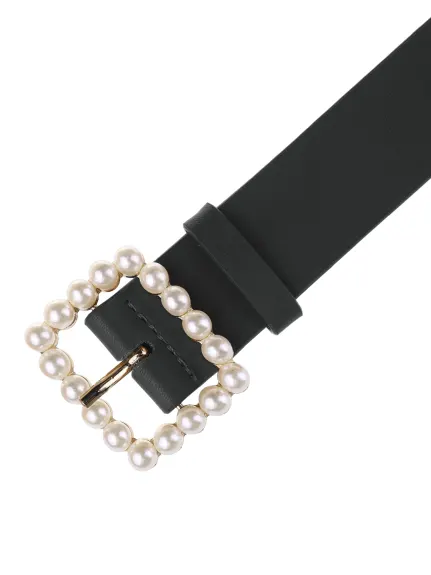 Allegra K- Faux Leather Pearl Buckle Waistbelt