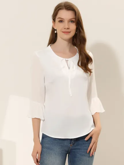 Allegra K- Bow Tie Neck Sheer 3/4 Sleeve Chiffon Blouse