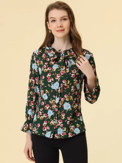 Allegra K- Floral Bow Tie Neck Ruffled Collar Blouse