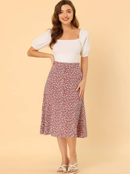 Allegra K- Elastic Waist A-Line Midi Leave Print Skirt