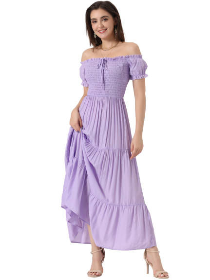 Allegra K- Off Shoulder Ruffle Smocked Dress